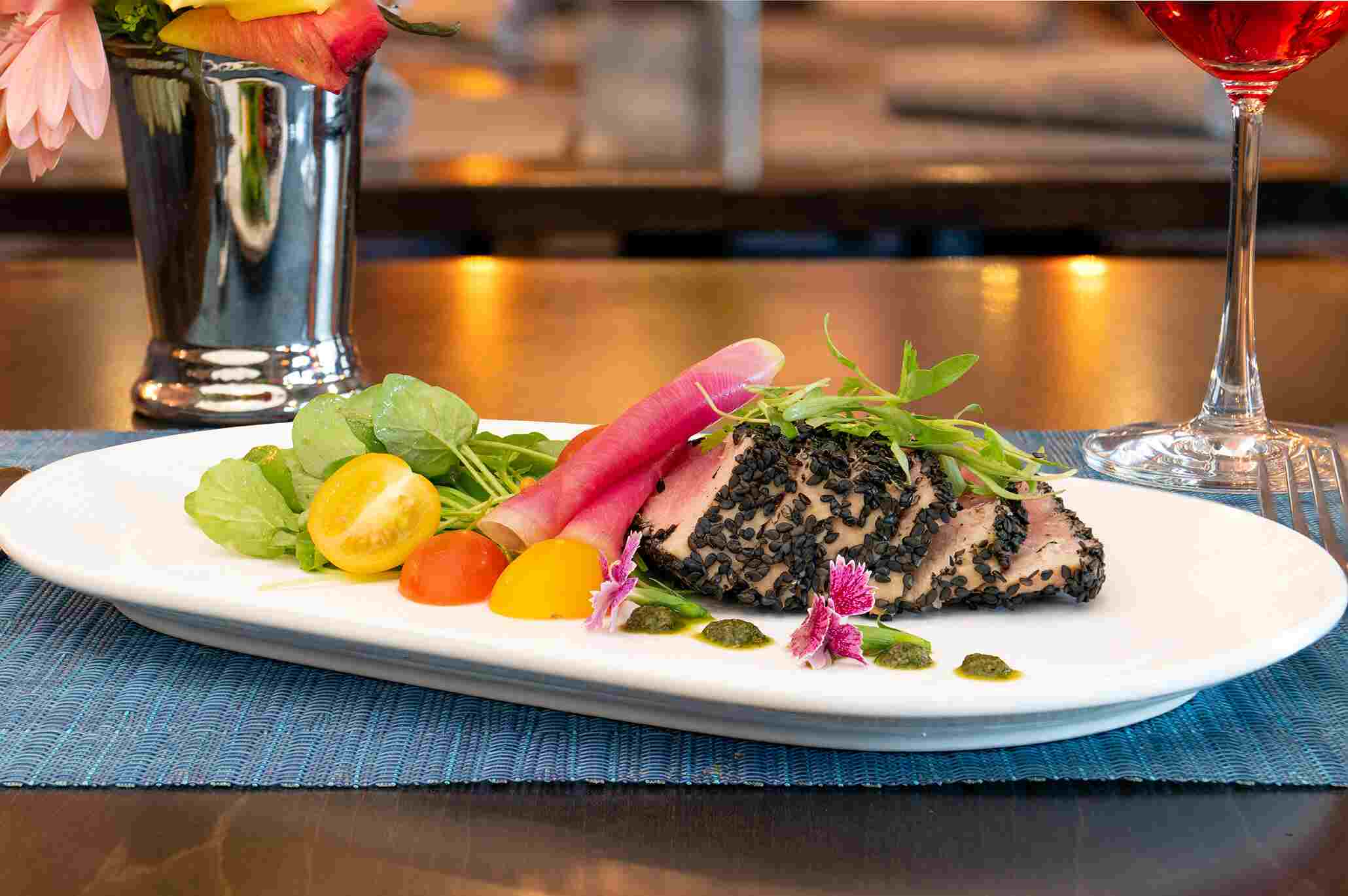 Black Sesame Crusted Tuna Steak with Watercress Rainbow Radishes and Heirloom Cherry Tomatoes 2